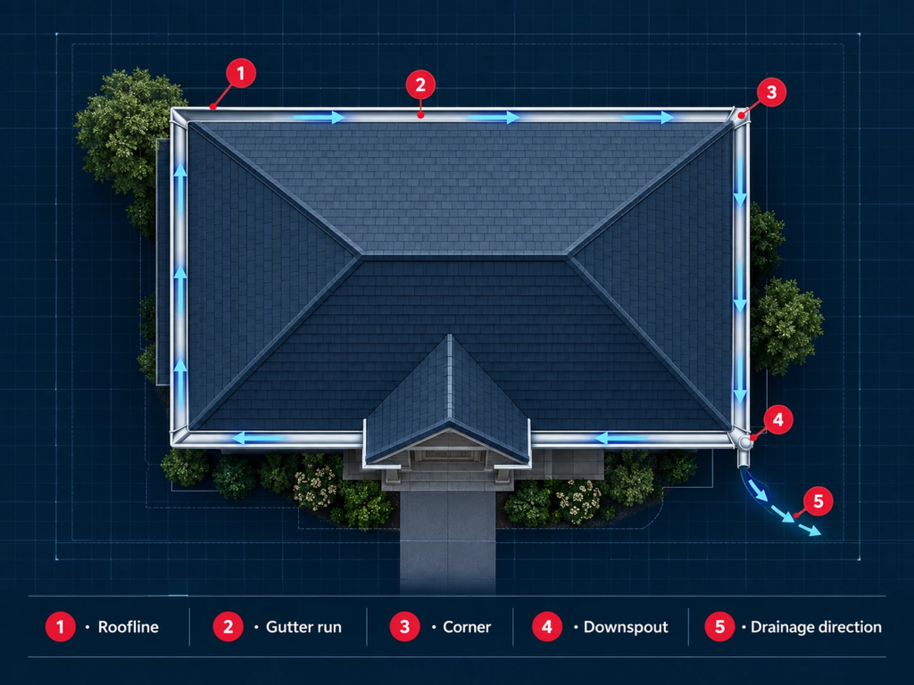 Top-down gutter layout showing roofline, gutter runs, corners, downspout, and drainage direction