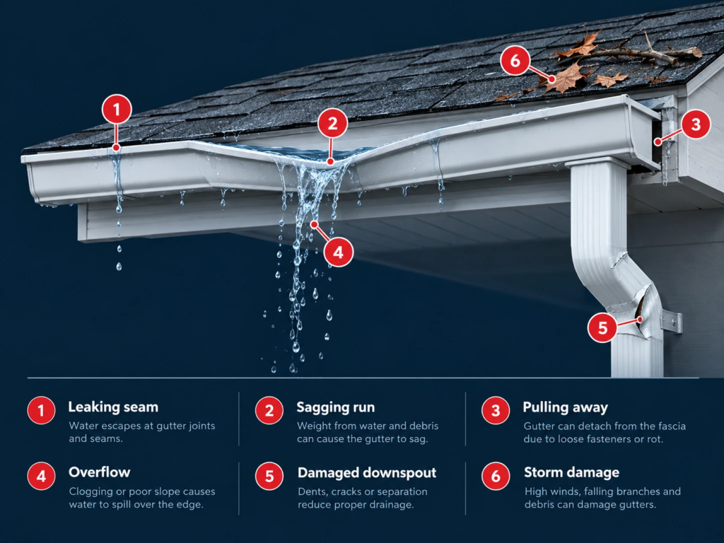 Common gutter problems including leaking seams, sagging, overflow, damaged downspouts, and storm damage