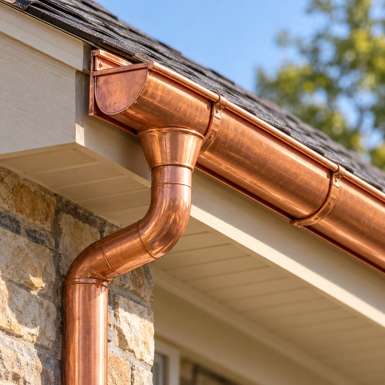 Copper gutter and downspout installed along a residential roofline