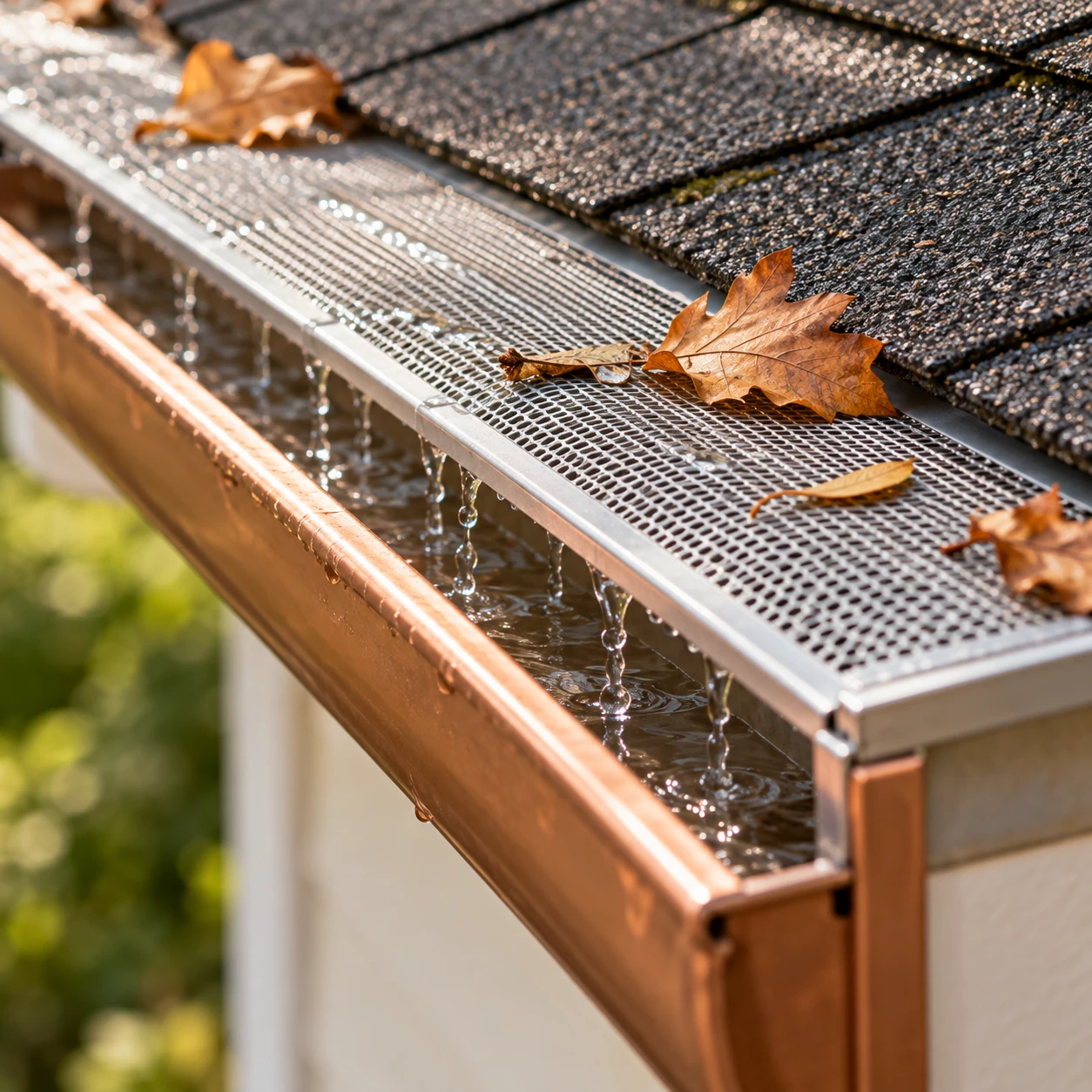 Gutter guard installed over a residential gutter with leaves on top