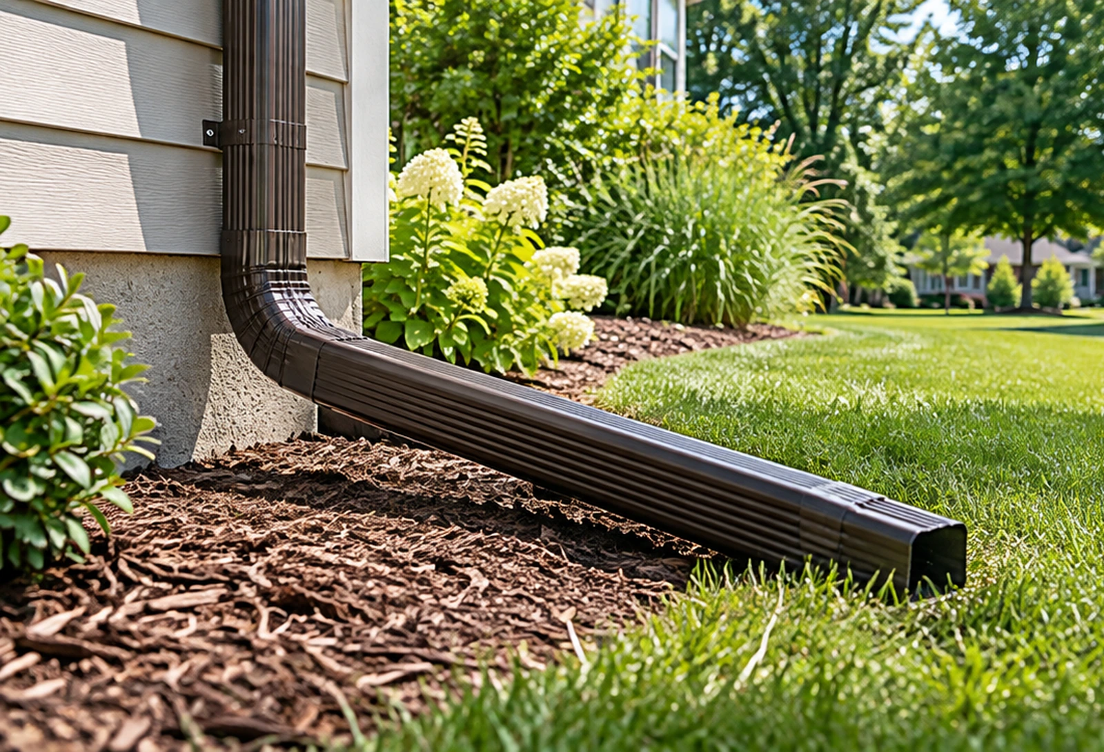 Downspout extension directing water away from a home's foundation