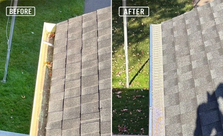 Before and after: a debris-filled gutter compared with the new gutter and gutter guard